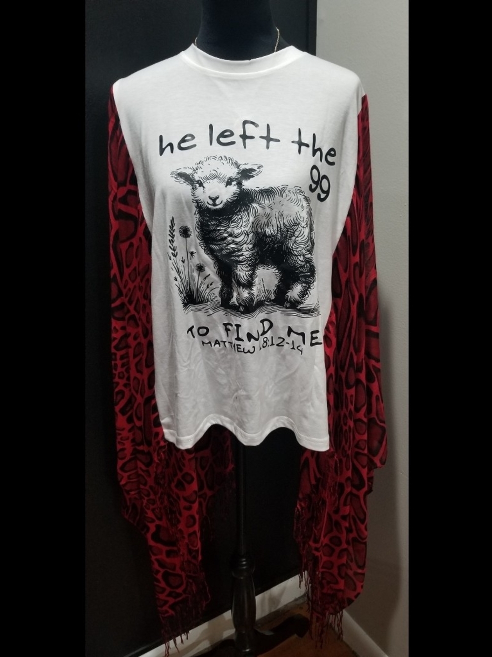 Poncho Tee Kaftan He Left The 99 Lamb Graphic Tee- Black w/ Red Sleeves  Custom